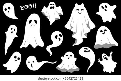 Cute Ghosts Halloween Cartoon Stickers Symbol Collection. Vector Illustration.