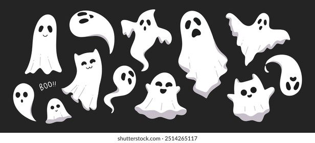 Cute Ghosts Halloween Cartoon Vector Stickers Collection