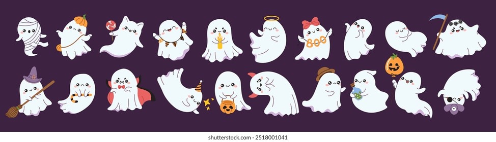 Fantasmas bonitos personagens de Halloween conjunto de vetor de cor plana