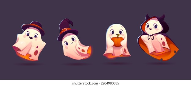 Cute ghosts  Halloween characters in witch hat   cloak isolated background  Flying funny white spirit  smiling phantom and pumpkin  vector cartoon set