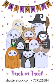 Cute ghosts in halloween costumes