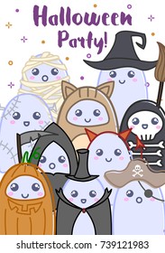 Cute ghosts in halloween costumes invite to the halloween party