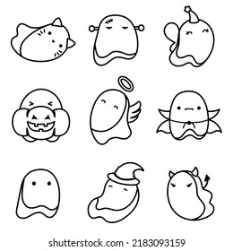 Cute ghosts in halloween costumes set. Halloween design elements. Funny ghosts with faces in a linear style. Various costumes. Kawaii black stroke ghost collection on white background