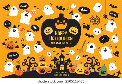 Cute ghosts Halloween illustration set