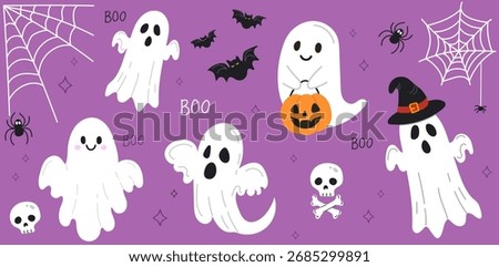 Cute ghosts Halloween illustration set. collection isolated background