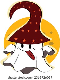 Cute Ghost's Halloween Quest, Flat Style for Poster, Card, Decoration, and Print. Happy Halloween party greeting card with cute ghost with a Witch hat. Holidays cartoon character. Trick or treat. 