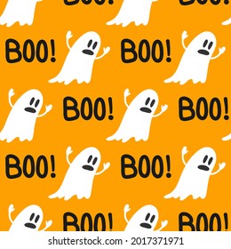 Cute ghosts Halloween seamless pattern. Boo. Background with simple spooky character or scary ghostly monsters. Vector pattern for Halloween.