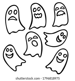 Cute ghosts hand drawn doodle set. Black Outline spirits clip art for halloween postcards posters banners coloring page. Stock vector illustration isolated on white background.