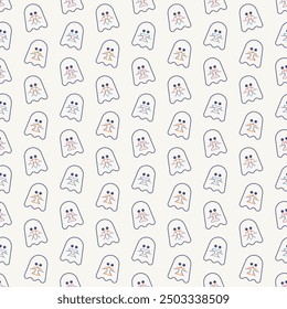 Cute ghosts hug pumpkin, gift, letter, bouquet background. Basic flat design cartoon spooky baby character pattern. Floating spirit, halloween sign symbol. Wallpaper, seamless.