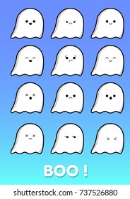 Cute ghosts illustrations, Halloween characters flat icons set on gradient background.