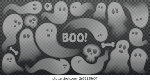  Fantasmas bonitos isolados em fundo quadriculado. Conjunto de fantasmas transparentes para decoração de halloween. Ilustração vetorial de poltergeists ou fantasmas assustadores 3d. Coleção de espíritos bonitos ou fantasmas.