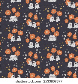 Cute ghosts in love with flowers hearts and stars around, a magical Halloween love story. Autumn palette of orange, yellow and white on black background. A seamless vector pattern. Great for homedecor