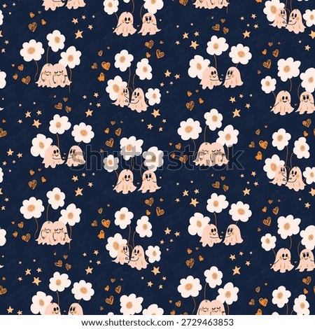 Cute ghosts in love surrounded by flowers, hearts and stars, a magical Halloween love story in colors of orange, cream, off white, black on dark blue background. Holiday seamless vector pattern. Great for home decor, fabric, wallpaper, gift wrap, stationery, packaging design projects.