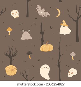 Cute ghosts and monsters, seamless pattern. Kids dark print with mystic, spooky and paranormal creatures. Funny creepy fictional characters and snake. Halloween vector illustration on black background