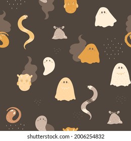 Cute ghosts and monsters, seamless pattern. Kids dark print with mystic, spooky and paranormal creatures. Funny creepy fictional characters and snake. Halloween vector illustration on black background