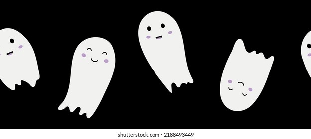 Cute ghosts on a black background. Halloween seamless horizontal border with spirits