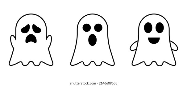 Cute ghosts outline doodle cartoon illustration. Ghosts coloring book page activity for kids and adults