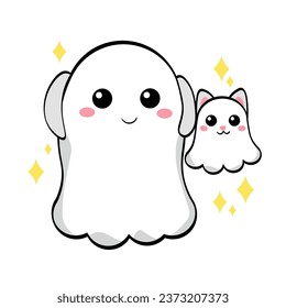 Cute ghosts of owner and cat on white background
