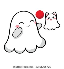 Cute ghosts of owner and cat playing on white background