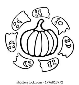 Cute ghosts and pumpkin hand drawn doodle. Black outline clip art for Halloween greeting cards posters banners coloring pages. Stock vector illustration isolated on white background.