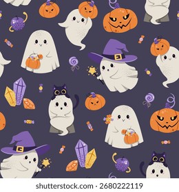 Fantasmas lindos con calabazas, gato negro, caramelo y sombreros de bruja sin patrón. Fondo festivo de Halloween para textiles, decoración de fiesta, envoltura de regalo, Scrapbooking y diseño de Festiva
