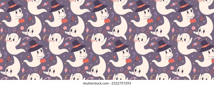 Cute ghosts repeating pattern. Halloween character background. 