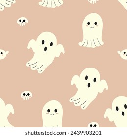 Lindos fantasmas sin fisuras de fondo de Halloween. Plantilla para textil, papel pintado, embalaje, cubierta, web, tarjeta, caja, impresión, banner, cerámica