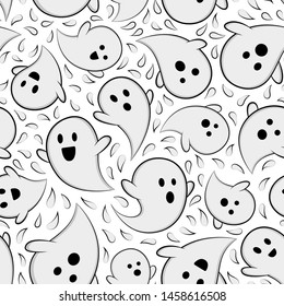 Cute ghosts seamless pattern. Halloween Vector illustration background. Tile background. For web, packaging, wrapping, fashion, decor, surface, graphic design