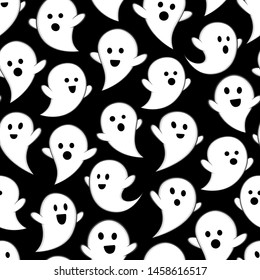 Cute ghosts seamless pattern. Halloween Vector illustration background. Tile background. For web, packaging, wrapping, fashion, decor, surface, graphic design