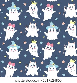 Cute ghosts seamless pattern. Halloween background. Spooky baby characters with different emotions on dark blue background.