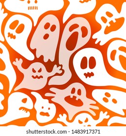 Cute ghosts seamless pattern with white funny spirits on gradient yellow and orange background. Funny print for Halloween party. Boo!