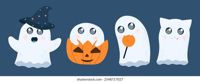 Conjunto de fantasmas lindos. Halloween, fiesta internacional del miedo y el horror. Espíritus espeluznantes con calabaza y sombrero de bruja. Fantasía y misticismo. Colección plana del Vector aislada en el fondo blanco