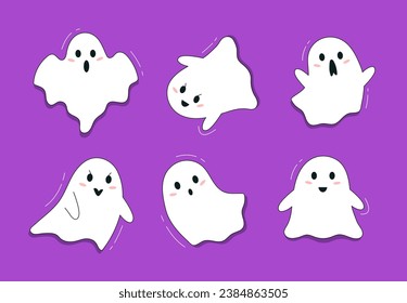 Cute ghosts set. Symbols of Halloween, international holiday of fear and horror. Spirit and demon, fictional character. Cartoon flat vector collection isolated on violet background