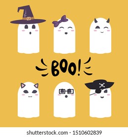 Cute ghosts set of vector illustrations.