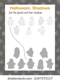 Cute ghosts, shadow matching game, Halloween holiday kids leisure activity printable worksheet, educational game vector illustration, teacher resources for elementary school, kindergarten, pre-school