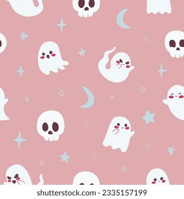 Cute Ghosts and Skulls Pattern with Moon Stars