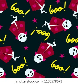 Cute ghosts and stars on dark background. Halloween seamless pattern