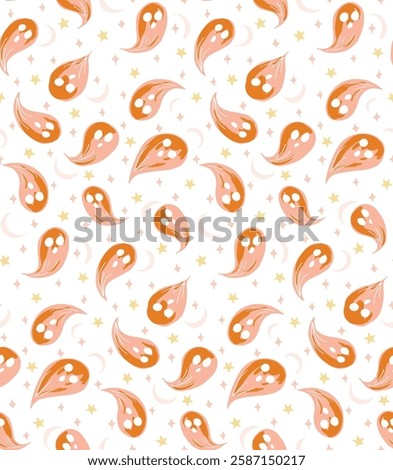 Cute ghosts swaying in sky filled with moons and stars in color palette of pastel peach, pink, orange and light yellow on off white background. Halloween seamless vector pattern. Great for home decor.