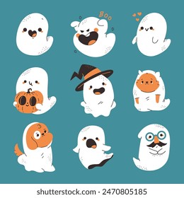 Cute ghosts vector cartoon set isolated on background.