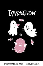 Cute ghosts vector illustration. Halloween greeting card, white characters on black background, empty space for typography, perfect for invitation, flyer or event poster. Lettering text Invitation