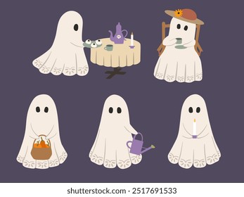 Lindas Ilustraciones vectoriales de fantasmas. Conjunto de adorables personajes de dibujos animados de Halloween para niños, decoración. Dibujado a mano fantasmas divertidos del jardín con la cesta, vela, regadera, mesa de té. Felices vacaciones espeluznantes