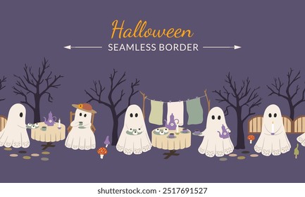 Cute ghosts vector seamless border. Whimsical vintage Halloween characters drinking tea. Hand drawn funny countryside night scene with sheet ghosts, spooky trees, tea table for seasonal banners, card