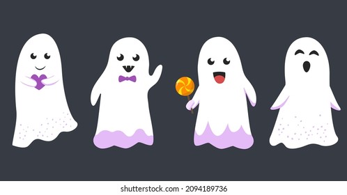 Cute ghosts. Vector set isolated on black background.