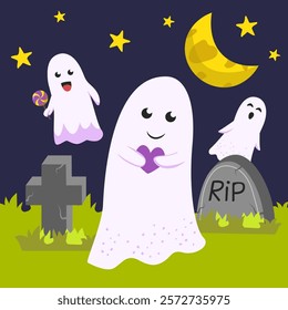 Cute ghosts are walking in the cemetery. Vector illustration, simple cartoon style