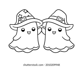 Cute ghosts wearing witch hats outline doodle cartoon illustration. Halloween coloring book page activity for kids and adults.