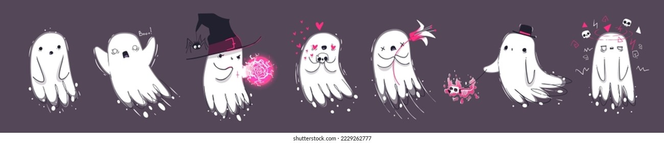 Cute ghosts in witch hat, with flower, skull, scaring, making magic spell and walking with bog skeleton. Flying white spirits and phantoms, vector cartoon set isolated on background.