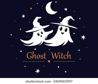 Cute ghosts in witch hats. Ghost witches. Holidays cartoon character. Trick or treat. Mystery monsters Halloween scary and friendly characters. Vector illustration