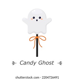 Cute ghost-shaped candy on stick with bow. Flat cartoon vector illustration isolated on white background. Halloween trick or treat sweets for web, mobile app, print, greeting card and other design 
