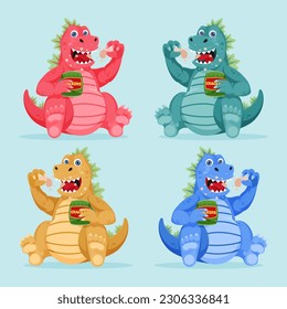 Cute Giant Cartoon Lizard Smiling and Eating Snack Happily Characters Collection