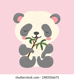 Cute giant panda bear eating bamboo leaves. Vector  flat cartoon illustration isolated on white.